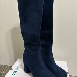Navy Blue Suede Heeled Boots